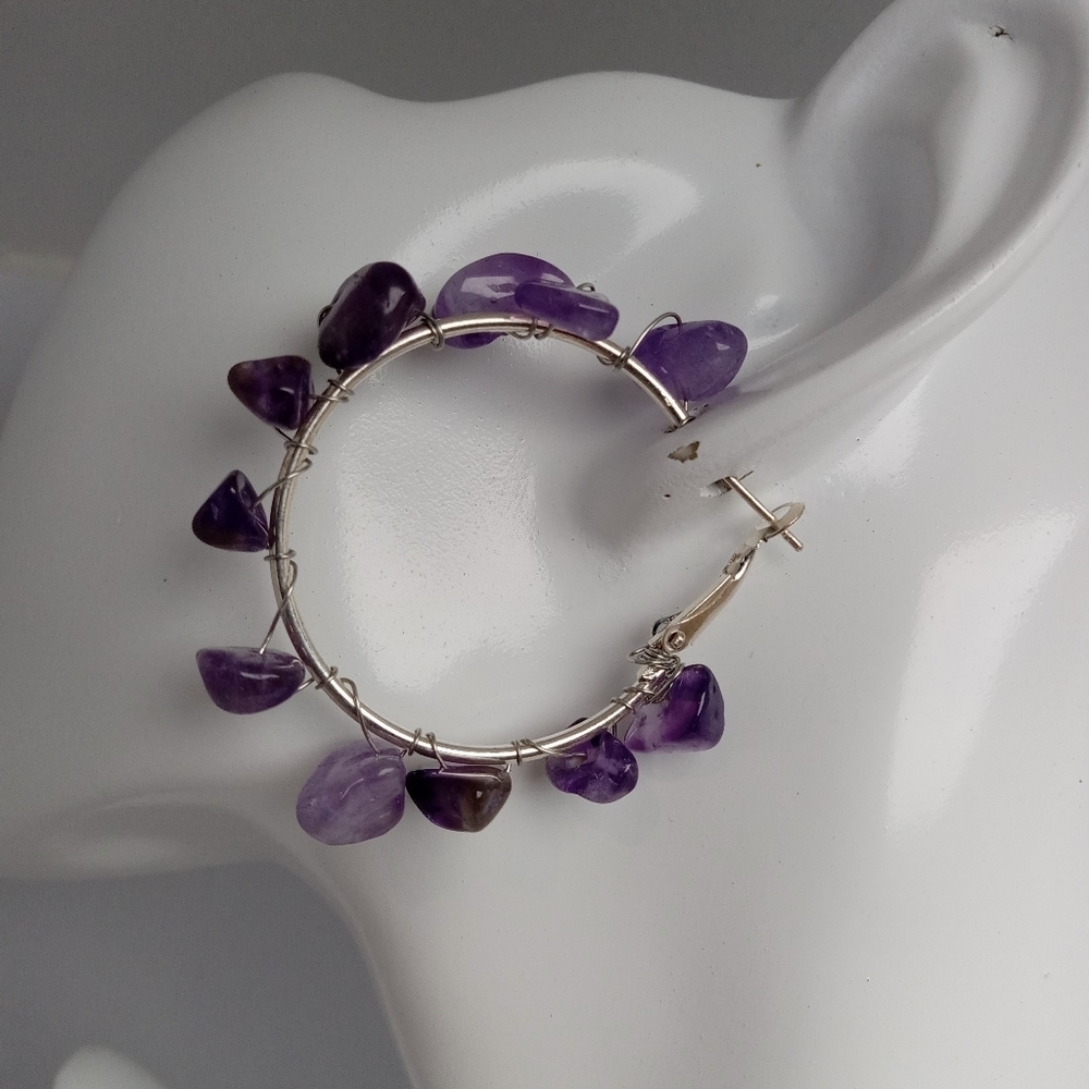 Purple amethyst Stone silver plated Hoop Earrings - Picture 3 of 6